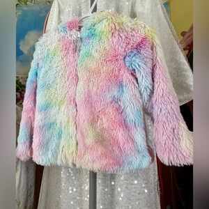 Pink & violet little Girl’s fur hooded jacket coat m 7 8 rainbow Christmas 🎁